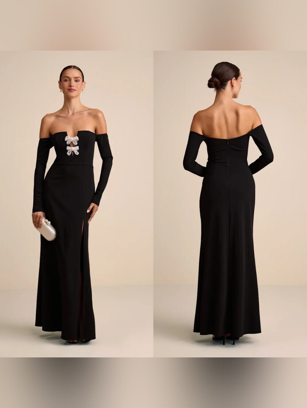 Lulus Lawton Black Off-the-Shoulder Notched Bow Maxi Dress M Wedding Party Prom